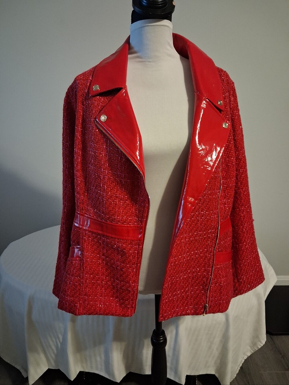 C. Wonder Red Tweed Moto-Style Blazer with Patent Trim